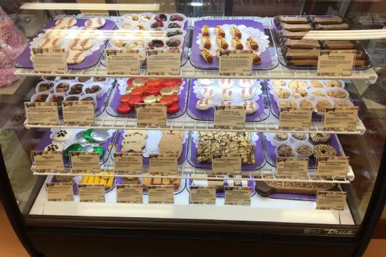 Three Dog Bakery dog treats in display cabinet