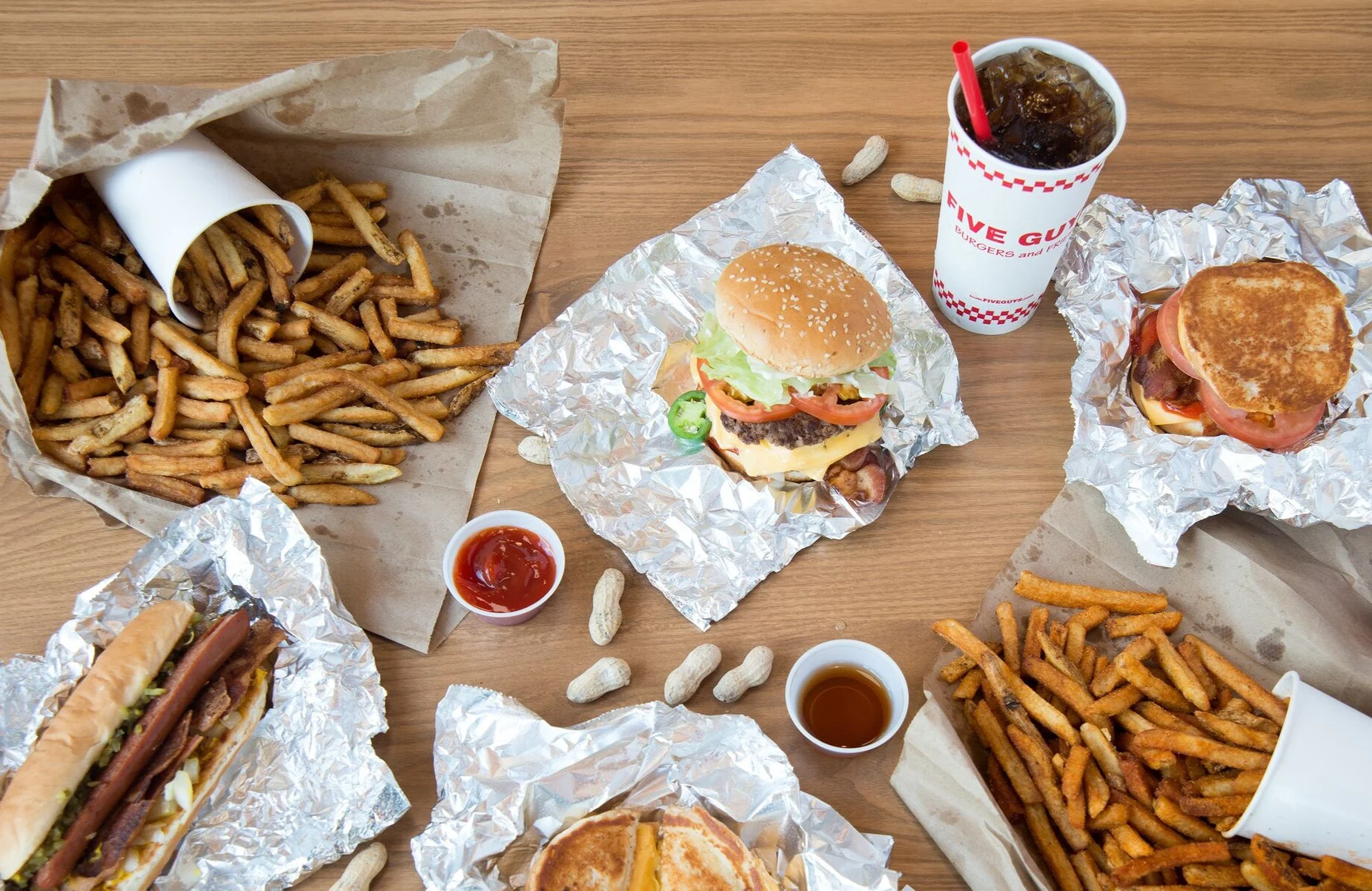 Burgers, Drink and French Fries on table